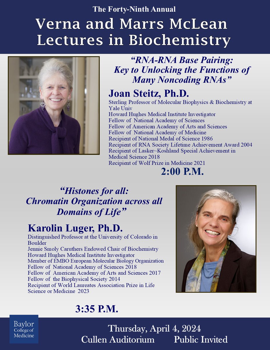 So excited to hear not one but TWO fantastic #WomenInSTEM talk about their ground-breaking research at our 49th Annual McLean Lectures! @SteitzLab @LugerLab @bcmhouston #RNA #NucleicAcids #Histones because you know it's ALL ABOUT THAT BASE! (see: youtu.be/gwy2lD1reos?si…).