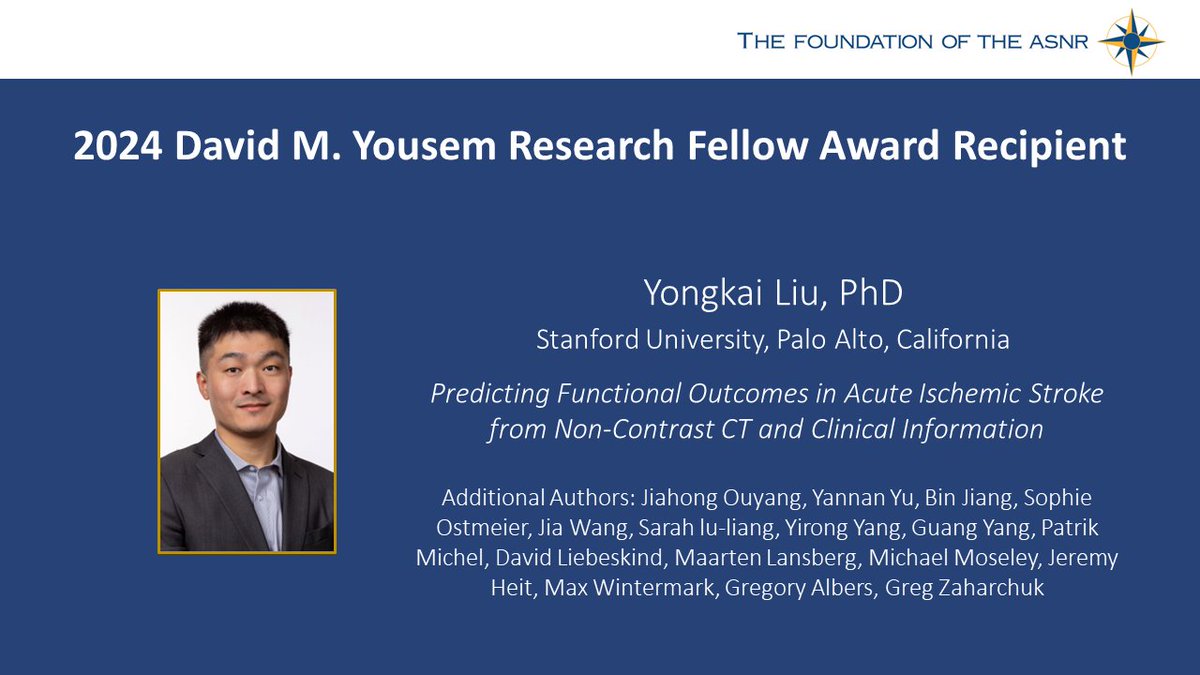 Congratulations to Yongkai Liu, PhD, a 2024 David M. Yousem Research Fellow Award recipient. Recipients will be presenting their projects during #ASNR24 in Las Vegas. Get more information here: ow.ly/BiwV50R8Jzf @Focus_on_aca @Rajagopalan_Pri @Stanford @dyousem1