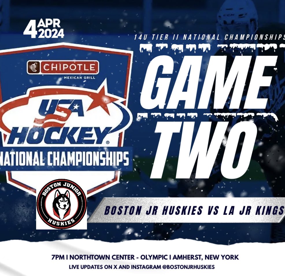 BostonjrHuskies (@bostonjrhuskies) on Twitter photo U14 Huskies face off against the LA Jr Kings tonight at 7PM EST in the <a href="/usahockey/">USA Hockey</a> National Championships!
Watch live on USAHockeyTV.com U14 Huskies face off against the LA Jr Kings tonight at 7PM EST in the <a href="/usahockey/">USA Hockey</a> National Championships!
Watch live on USAHockeyTV.com