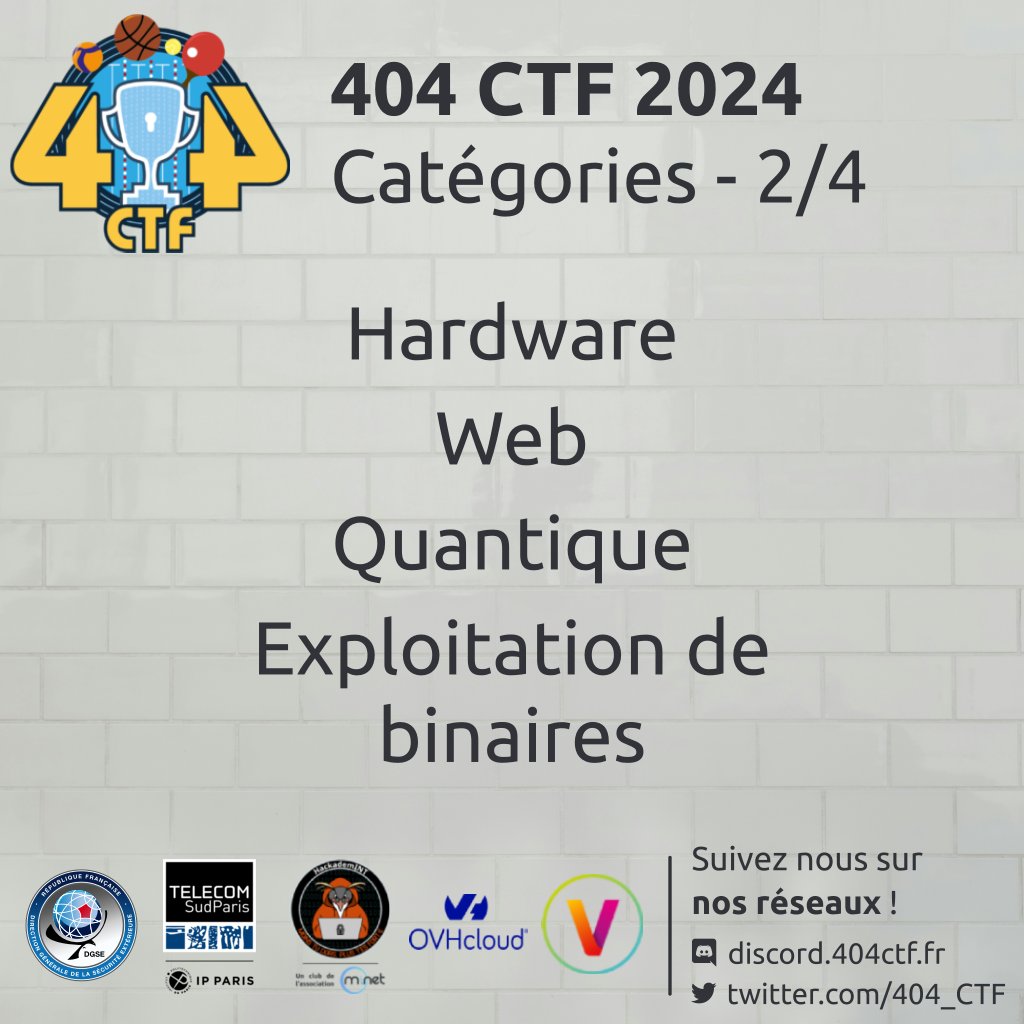 🏃 Plus que quelques jours avant l'ouverture des inscriptions...  
Pour vous faire patienter, voici la deuxième partie des catégories présentes au 404 CTF !

- Hardware
- Web
- Quantique
- Exploitation de binaires

👉 Pour en savoir plus : 404ctf.fr
