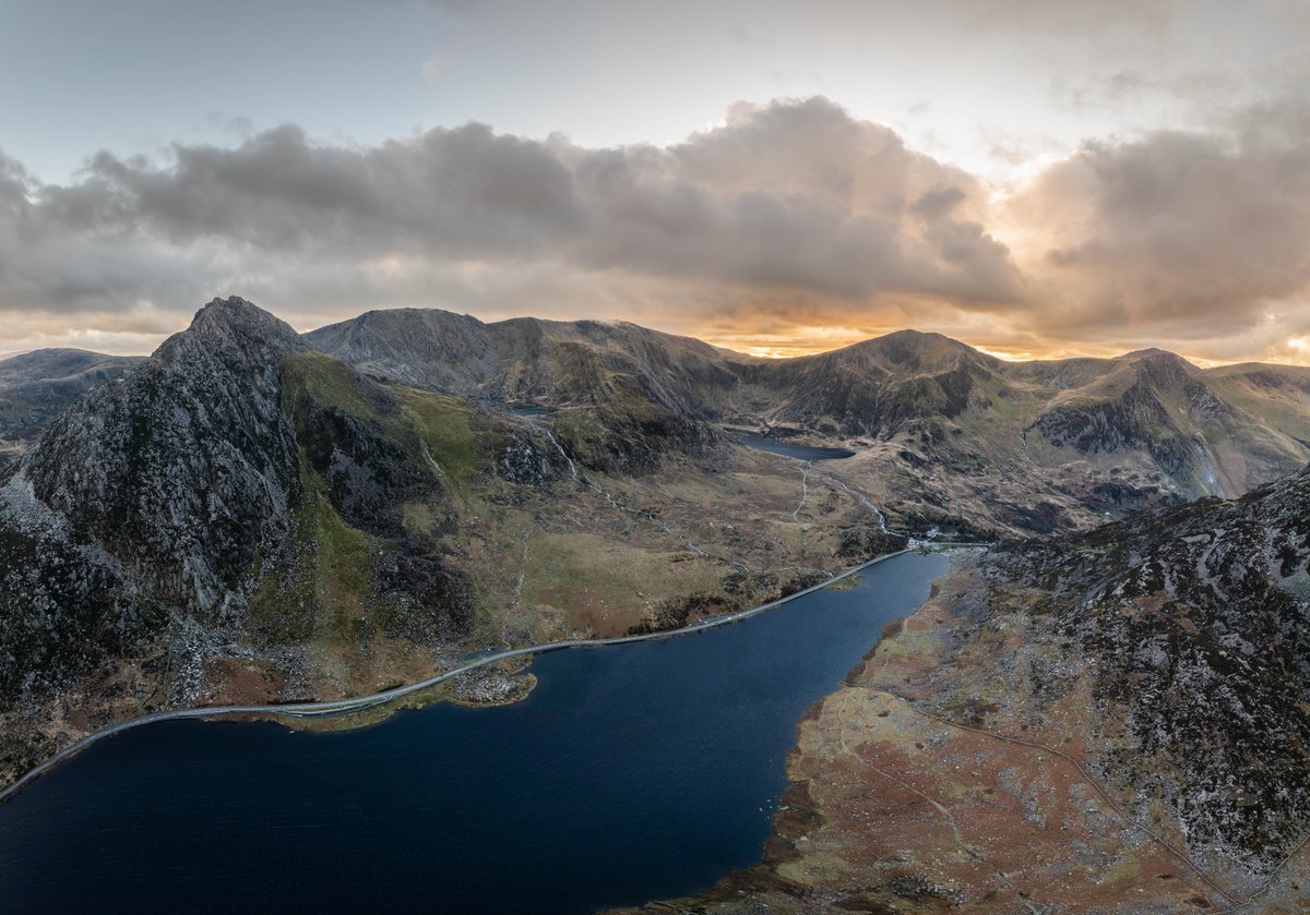 Sunset over Tryfan and Lake Ogwen from February.  @DJIGlobal #Dronephotography