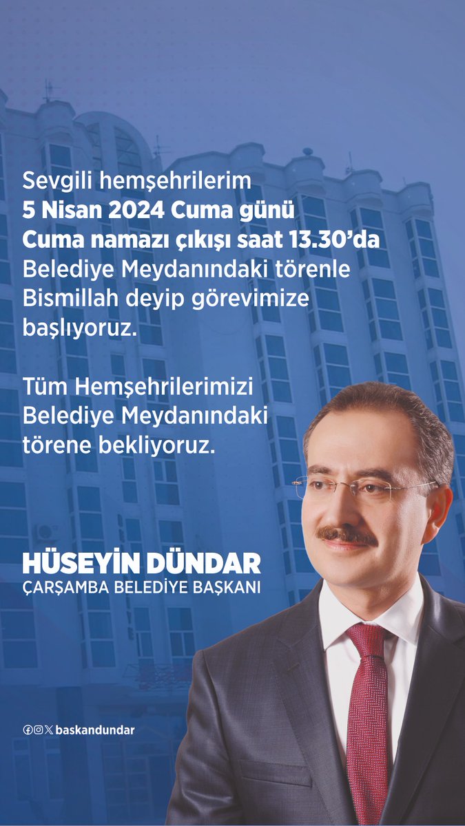 Sevgili hemşehrilerim 5 Nisan 2024 Cuma günü ( Yarın) Cuma Namazı çıkışı saat 13.30’da Belediye Meydanındaki törenle 'Bismillah' deyip görevimize başlıyoruz. Tüm Hemşehrilerimizi Belediye Meydanındaki törene bekliyoruz. HÜSEYİN DÜNDAR Çarşamba Belediye Başkanı