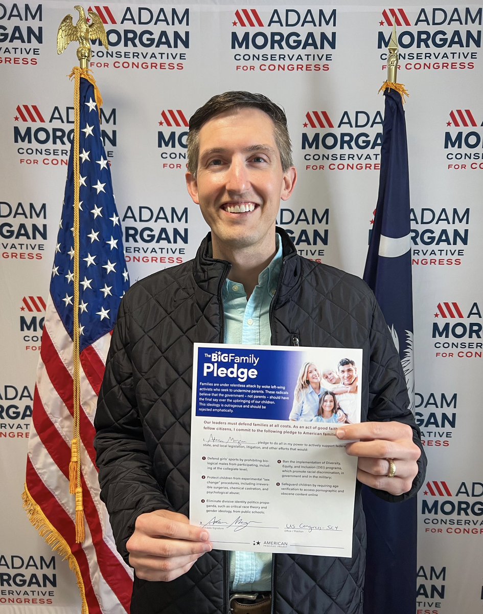 RepAdamMorgan's tweet photo. Signed the @approject pledge to support pro-family issues in Congress. 

From stoping DEI and CRT, to protecting women’s sports, to banning trans surgeries on minors I have led these efforts in SC as Chair of the @SCFreedomCaucus and will do the same in Congress! https://t.co/ECgwDMkf7b