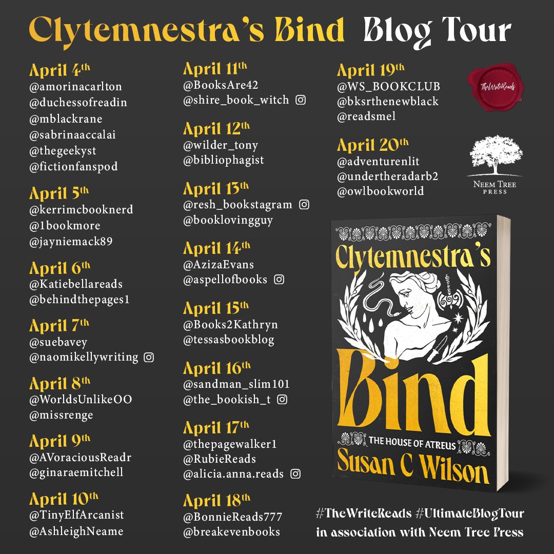 AmorinaCarlton's tweet image. Check out my full #bookreview for &quot;Clytemnestra&apos;s Bind&quot; by Susan C Wilson during my stop on the &quot;Ultimate Blog Tour.&quot; 

@BronzeAgeWummin @The_WriteReads @WriteReadsTours @NeemTreePress #TheWriteReads #UltimateBlogTour #NeemTreePress #BookBlog #BookTwt

amorinacarlton.com/2024/04/04/ult…