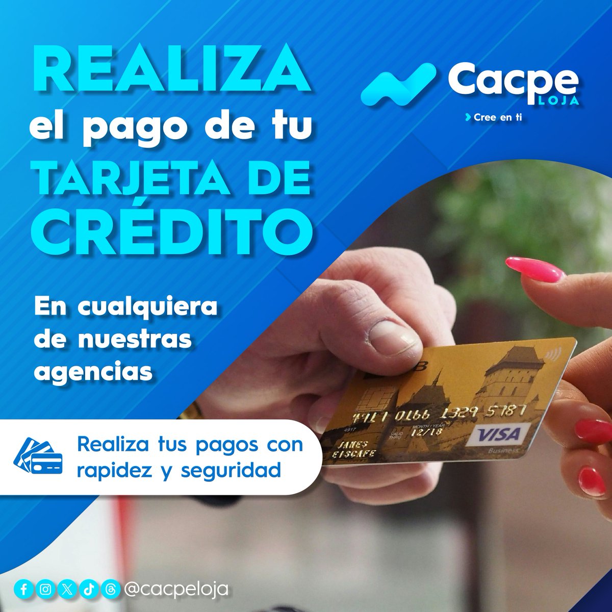 Realiza el pago de tus tarjetas de crédito en cualquiera de nuestras agencias 💳
Disfruta de los beneficios de ser parte de Cacpe Loja y paga con rapidez y seguridad ✔️

👉Conoce más de nuestros servicios: cacpeloja.fin.ec

#CacpeLoja #CreeEnTi #credito #tarjetadecredito