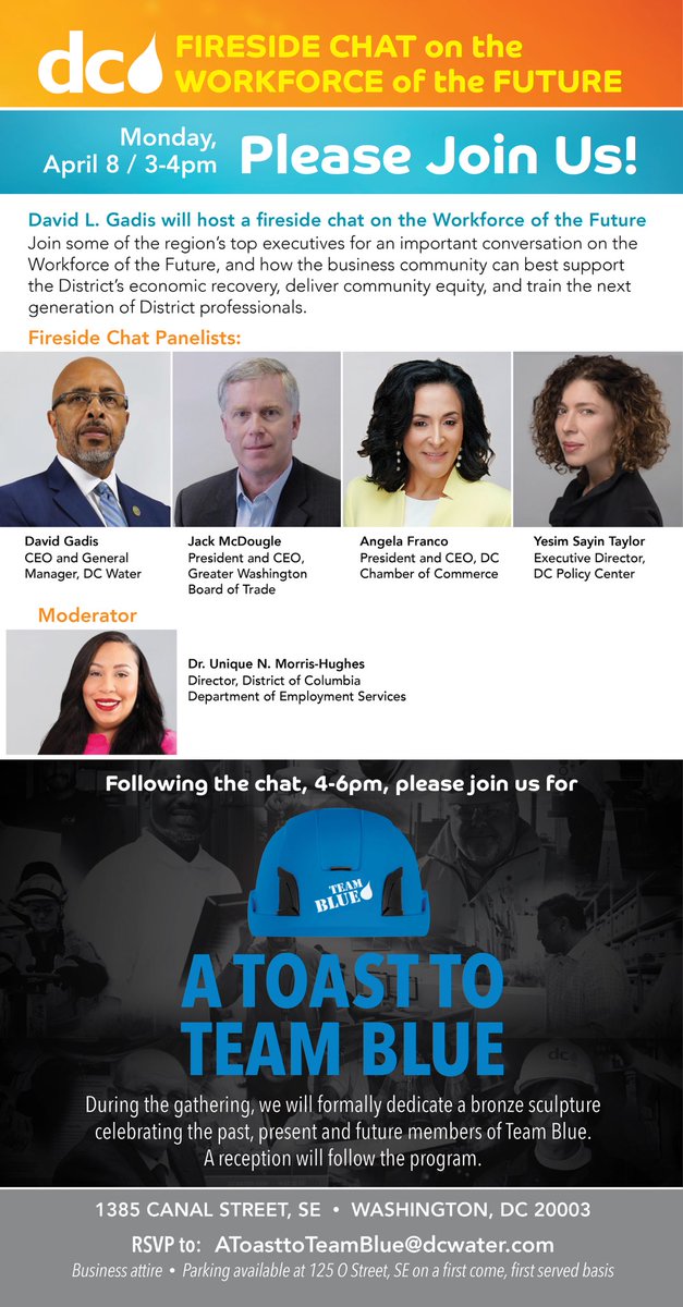 🌟 Join 'A Toast to Team Blue' on April 8 at DC Water! 🎉 DOES Director will moderate a fireside chat on the 'Workforce of the Future' with regional leaders. 🎙️   Let's continue to explore the path forward together, focusing on workforce excellence!     #WorkforceOfTheFuture