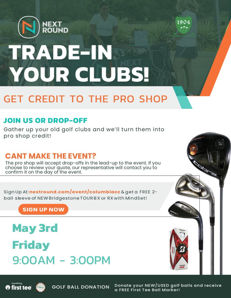 The team from Next Round is coming to Columbia Country Club on Friday, May 3rd from 9:00AM-3:00PM to evaluate your equipment, and offer quotes on-site! To learn more and sign up, check out nextround.com/event/columbia…