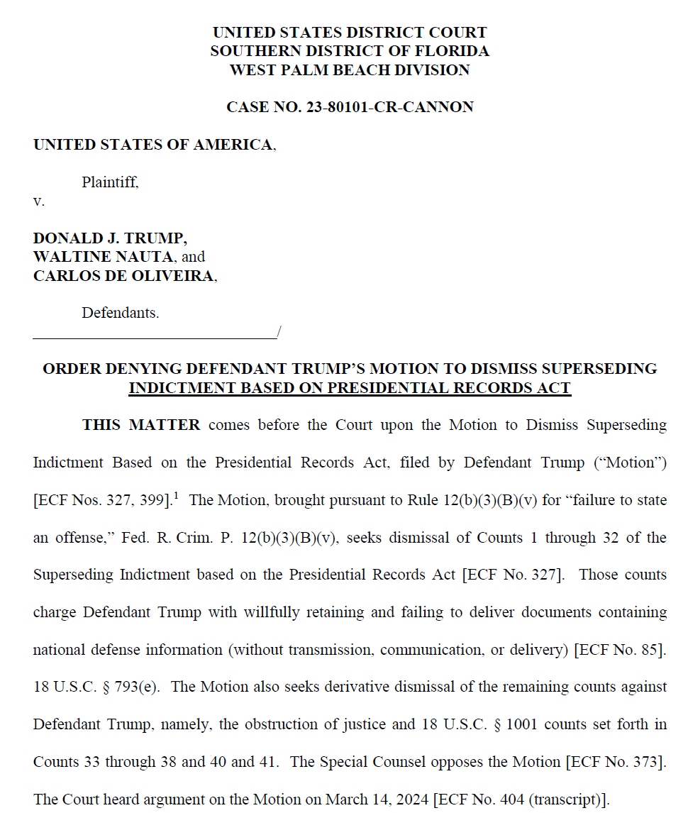 Judge Cannon just rejected Trump's bogus Presidential Records Act defense, but only for now. She has (weirdly and pointedly) refused to actually decide the issue, despite Jack Smith's warning that double jeopardy would then apply. I think Smith has no choice but to go to the 11th