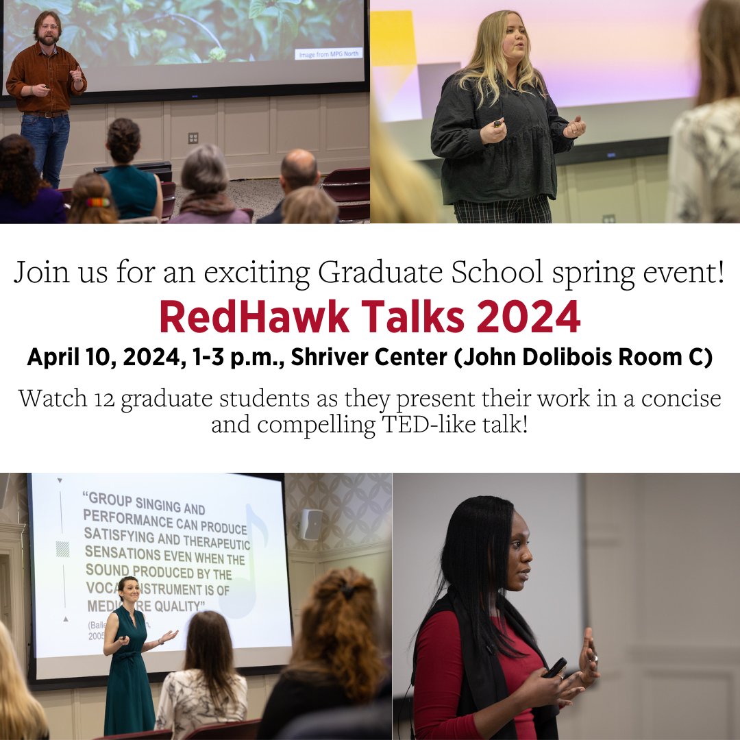 Miami University Graduate School (@miamioh_gradsch) on Twitter photo Join us for an exciting Graduate School spring event!
RedHawk Talks 2024
April 10, 2024, 1-3 p.m., Shriver Center (John Dolibois Room C)
Watch 12 graduate students as they present their work in a concise and compelling TED-like talk! Join us for an exciting Graduate School spring event!
RedHawk Talks 2024
April 10, 2024, 1-3 p.m., Shriver Center (John Dolibois Room C)
Watch 12 graduate students as they present their work in a concise and compelling TED-like talk!