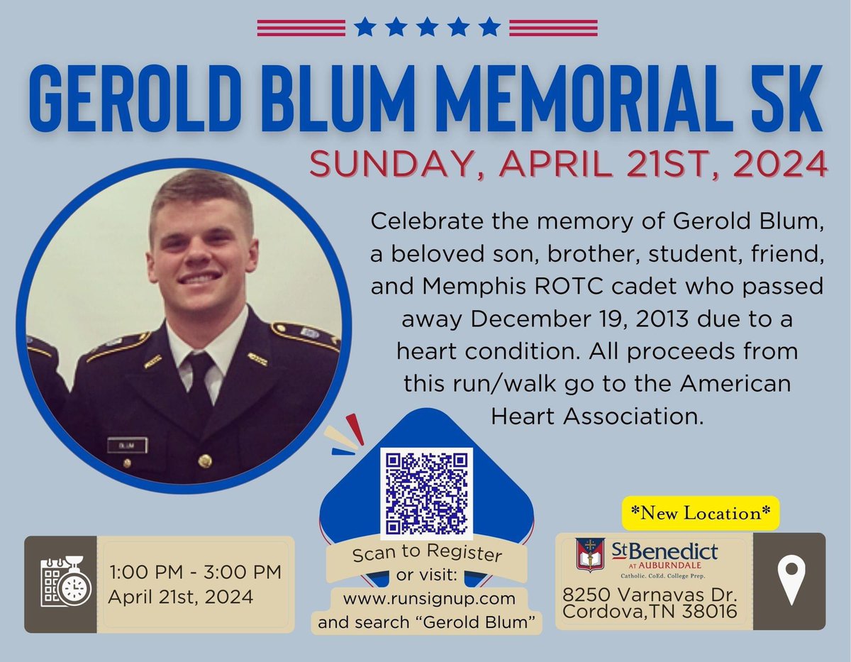 Join us for the Gerold Blum Memorial 5K on April 21! This run celebrates the life of SBA Alum Gerold Blum, class of 2013, who coined the term 'the Nest.' Gerold was a U of Memphis Army ROTC Cadet who passed from a rare heart condition in 2013. Sign Up: runsignup.com/race/tn/memphi…