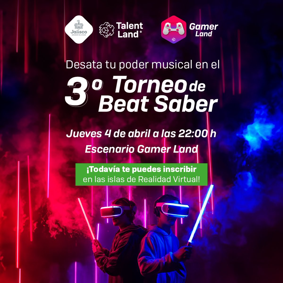 TalentLand_MX's tweet photo. ¡Demuestra tu Talento en el 3er Torneo de Beat Saber y conviértete en un maestro del ritmo! Hoy podrás desafiar a los mejores en el escenario de #GamerLand a las 22:00 h. 

Corre a las islas de realidad virtual e inscríbete de una vez. 🎵🥁🎶💃🏻🎺 #TLand2024 https://t.co/brTk7tSqq5