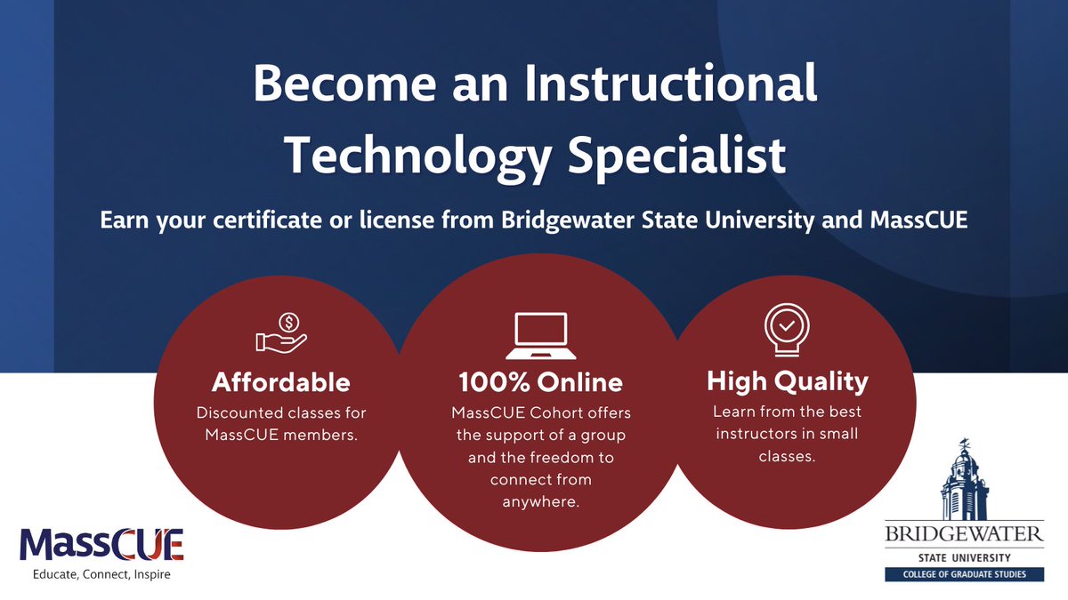 Join a cohort of #MassCUE members this summer and get started on earning your Instructional Technology Specialist certificate or license through @BridgeStateU! Registration is open now. Learn more: bit.ly/434Y7ap #digped #21stedchat #edtech #edchat #edtechchat
