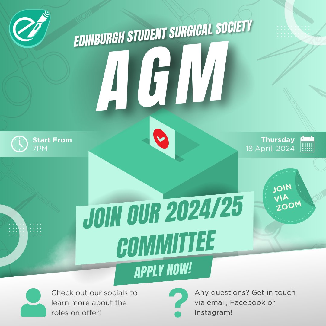 📢 APPLICATIONS FOR THE ESSS 24/25 COMMITTEE ARE NOW OPEN: forms.gle/R7SrkBqrqbN4CP… ✨ We welcome applications from Edinburgh Medical School students from ALL years! ✨ 📍 AGM: 18th April, 7pm, Zoom Contact us at joinus.esss@gmail.com for any queries!