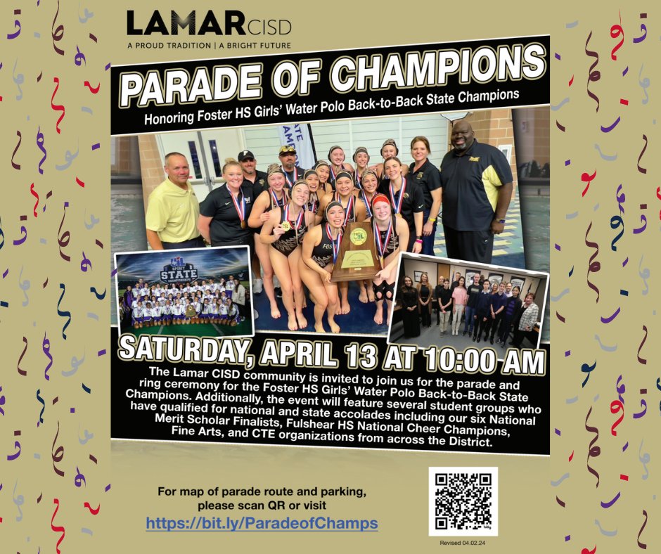 Join us for the first-ever Parade of Champions in honor of the Foster HS Girls’ Water Polo Back-to-Back state champions on Saturday, 4/13 at 10:00 AM. The route will begin on Mustang Avenue and end in Traylor Stadium for a ring ceremony – see you there!