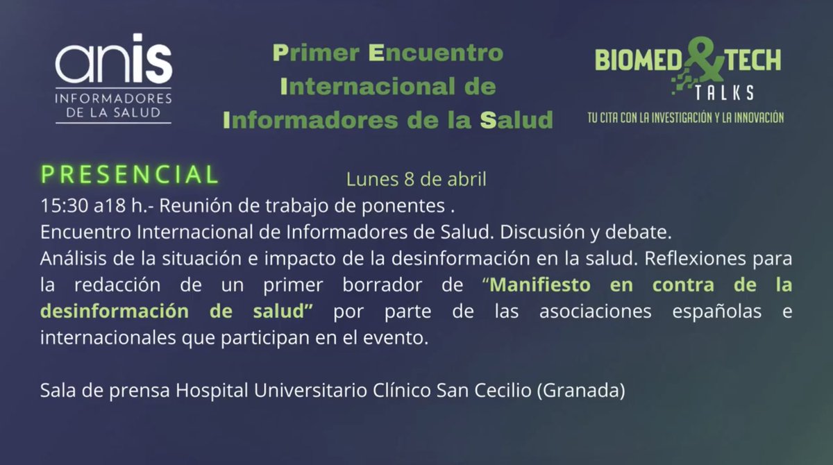 #BioMedTechTalks (formato mixto: presencial y virtual) Incluye: I Encuentro Internacional de Informadores de la Salud @anisalud Granada🇪🇸: @BioMedTechTalks, 8-11 de abril Info: biomedandtechtalks.com Programa completo: biomedandtechtalks.com/web/wp-content…