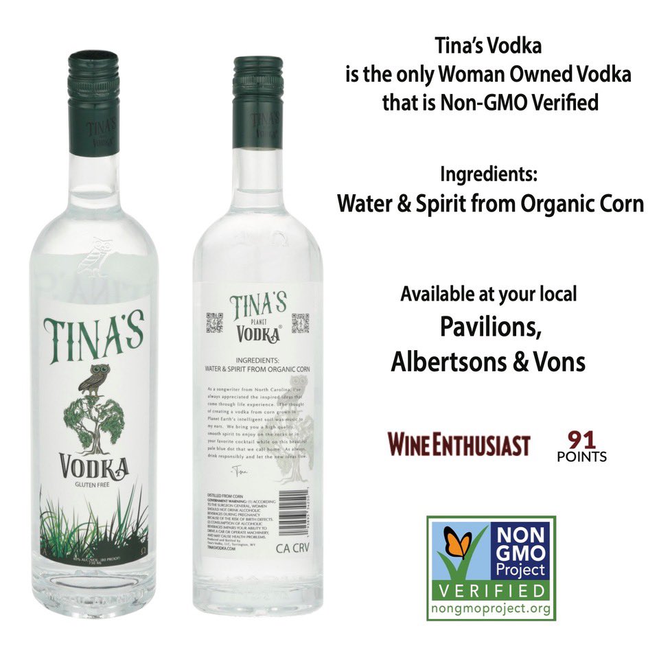 #TinasVodka is proud to be the only woman owned vodka that is non-GMO verified. Our only two ingredients - water and spirit from organic corn. 

Taste the difference!

Available at Pavilions, Albertsons, and Vons in California and ABC Stores in North Carolina. 

 #TheWiseChoice