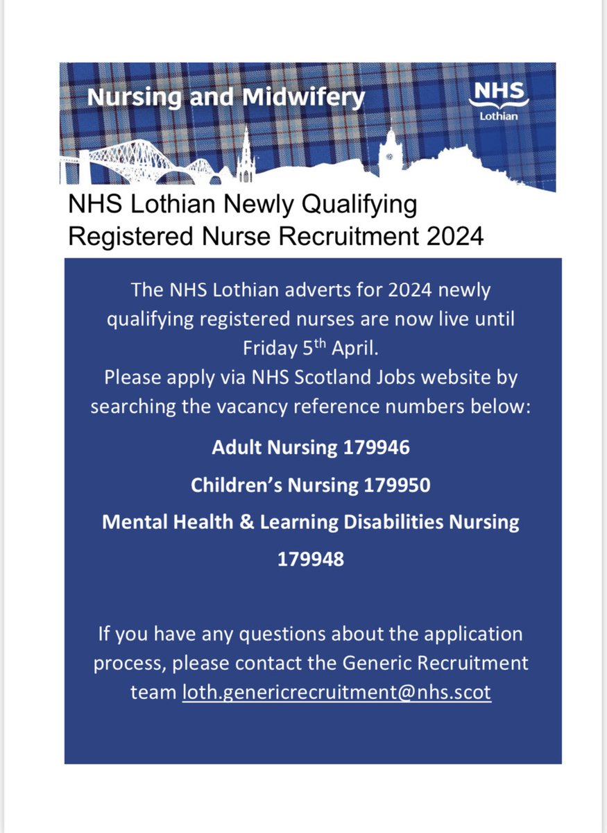 Our NQRN 2024 adverts close tomorrow Friday 5th of April at 12MN. Not to late to apply to start your #nursingcareer with ⁦@NHS_Lothian⁩ #Agreatplacetowork