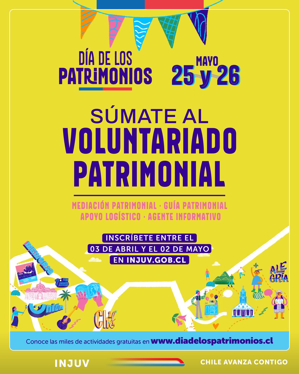 ¡Este 25 y 26 de mayo celebraremos el #DíaDeLosPatrimonios 2024! 👨‍👩‍👧‍👦 Sé parte de la jornada cultural y patrimonial más grande de Chile 🇨🇱 También puede ser parte del voluntariado patrimonial inscribiéndote en s.gob.cl/VoluntariosDia… ✍🏼 #Tarapacá #Iquique #AltoHospicio