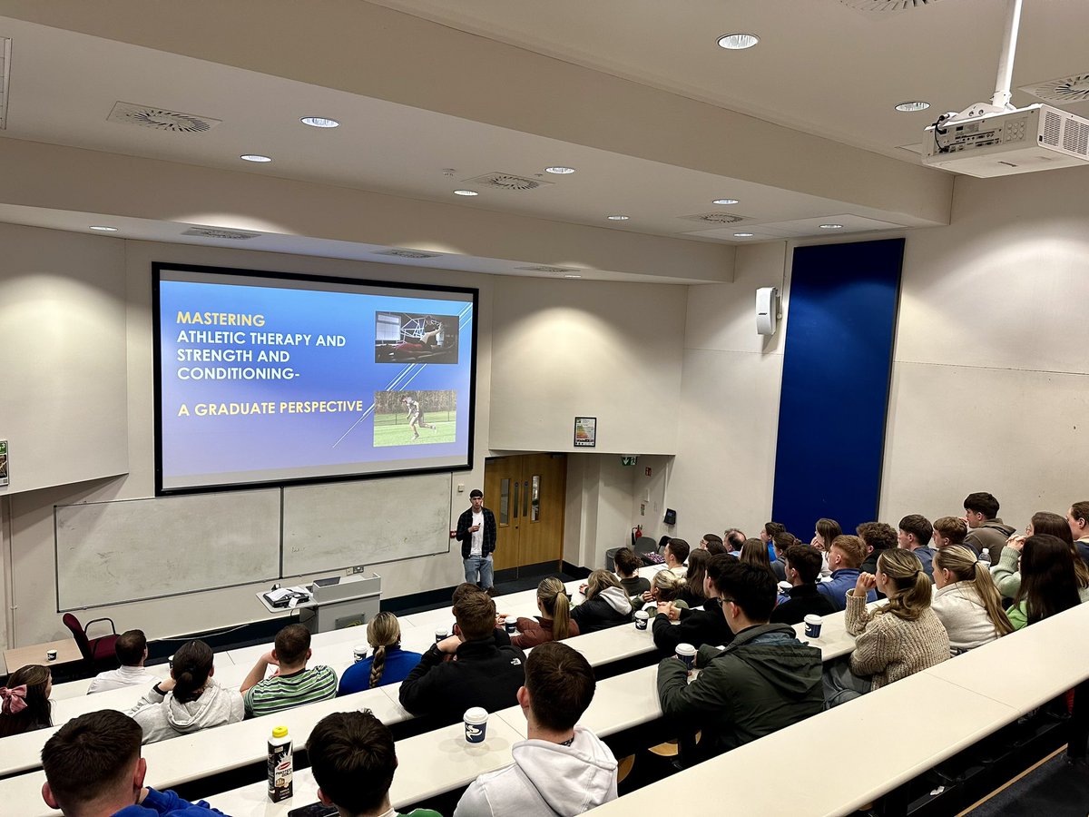 shhp_dcu's tweet photo. Our final speaker is @ryana2602, a graduate of the athletic therapy program here at DCU who went on to complete a masters in S&amp;C and now works under Professor Brian Devitt in @sscsportsmed 

#dcushhp https://t.co/rCeCzrIjcs