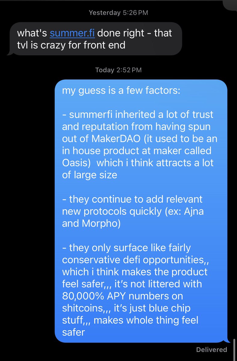 investor asked me why i think summer.fi has been so successful at attracting $4b+ in TVL while just being a frontend for protocols this was what i replied with — but im rly curious if y’all have any other ideas for why summer been so successful