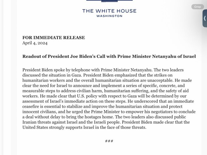 So, the release makes it explicitly clear that Biden just gave the greenlight to continue the mass slaughter of civilians. Some people will try to spin it differently, but the actual statement makes it painfully obvious.