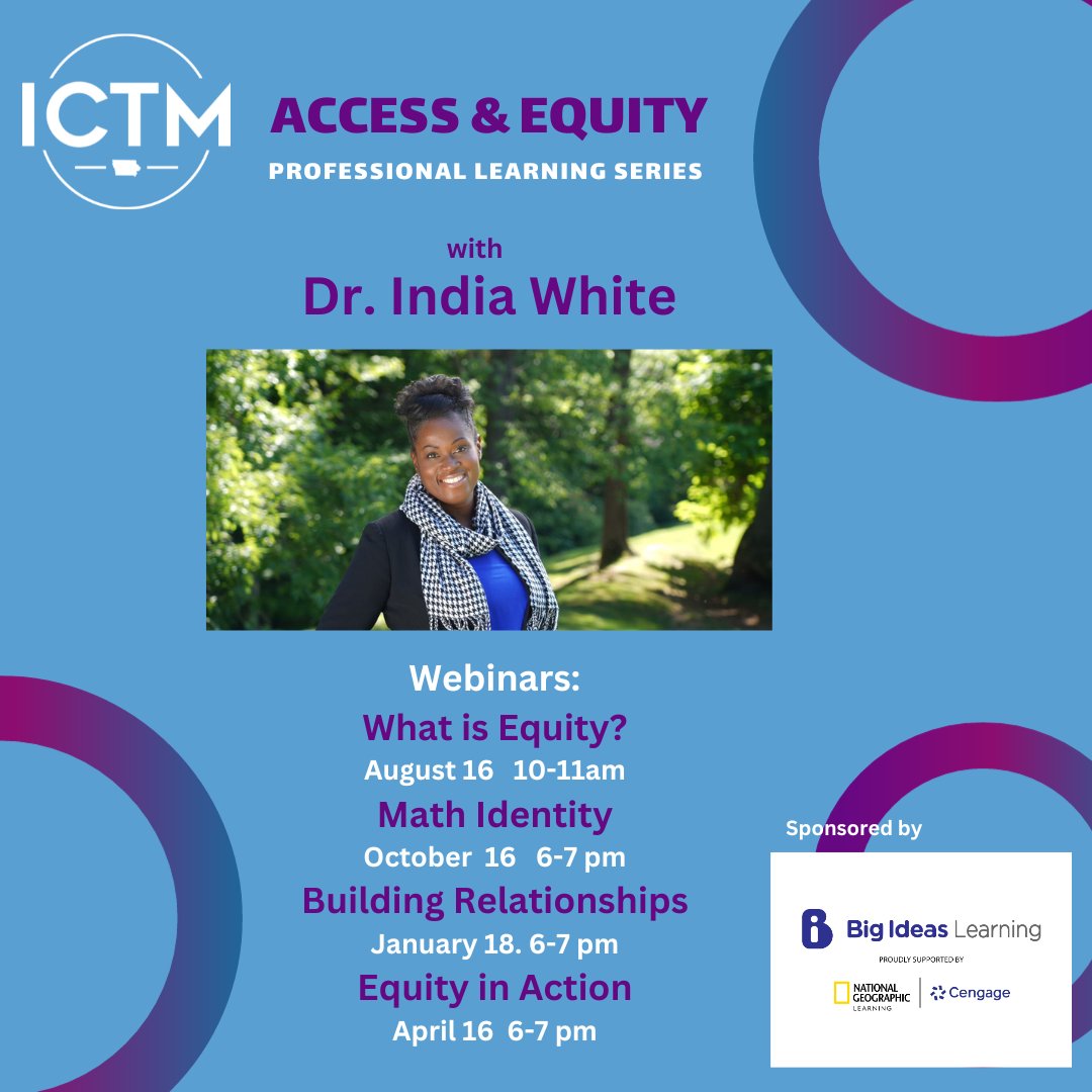 There is still time to REGISTER for 4/16 webinar series! Last session with the fabulous Dr. India White for 'Equity in Action!' Sign up here to join us bit.ly/2023ICTMWhatis… #iowamathteach #mathteach #elemmath #iteachmath #mtbos #mathcoach #iaedchat #iatlc