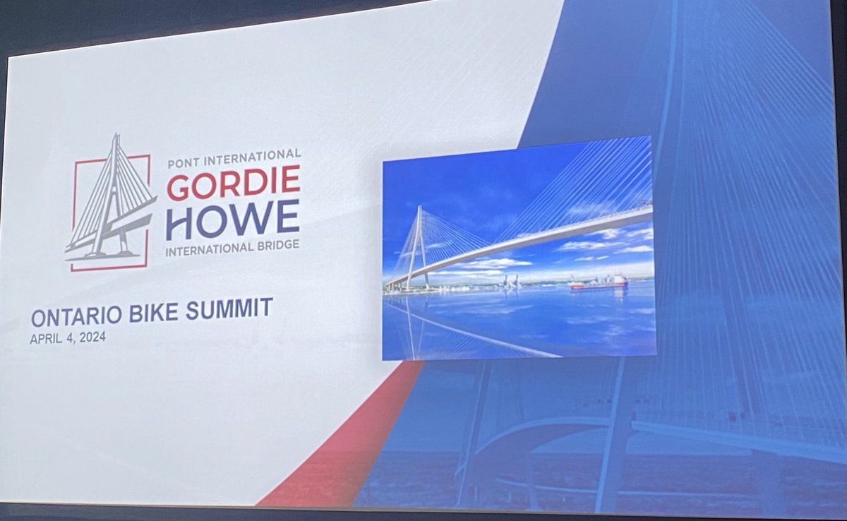 At the Ontario Bike Summit now - hearing about the Gordie Howe International Bridge and multi-use trail, nearing completion between Windsor and Detroit. #OBS2024