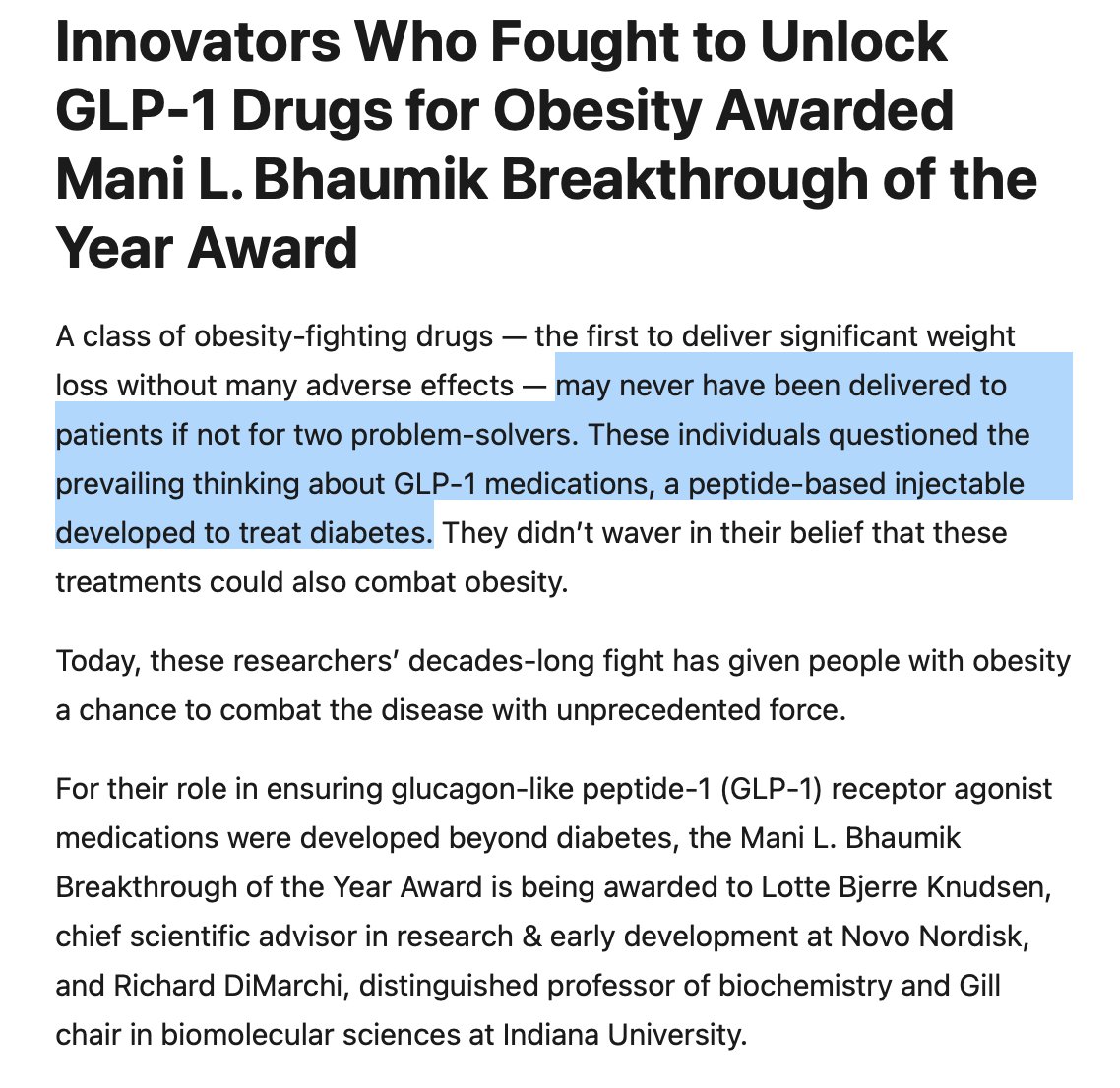 The Breakthrough of the Year @AAAS Bhaumik Prize goes to the 2 scientists who pushed/fought to get GLP-1 drugs to treat obesity (which took decades!) aaas.org/news/innovator… by @MeaganPhelan, with the whole, fascinating story pleased to be a member of the selection committee