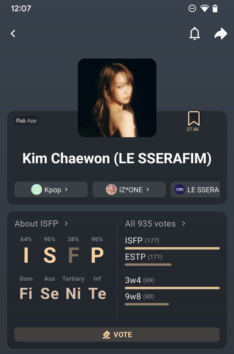 pdb_app's tweet photo. @writtenbyhuh Is Kim Chaewon an ISFP and ESTP? Kim stans are fighting fiercely on Pdb App 🤔 https://t.co/FqsIOFfZ1r