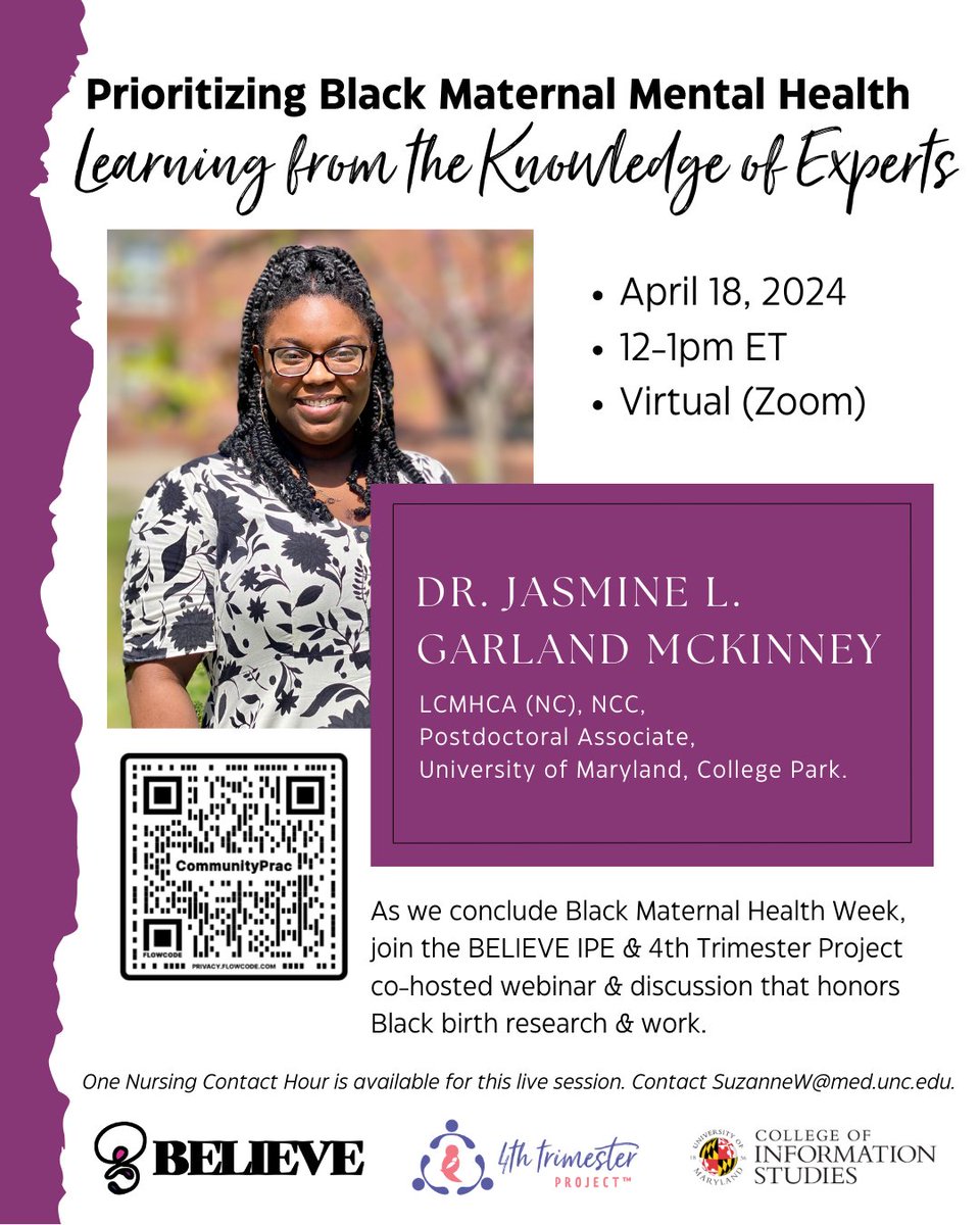 #BMHW24: Join #BELIEVEBirth & 4th Trimester Project for a webinar & discussion that honors Black birth research & work on 4/18 at 12pm ET.  1-Nursing Contact hr is available for live sessions. Find details here: believeipe.org/prioritizing-b…