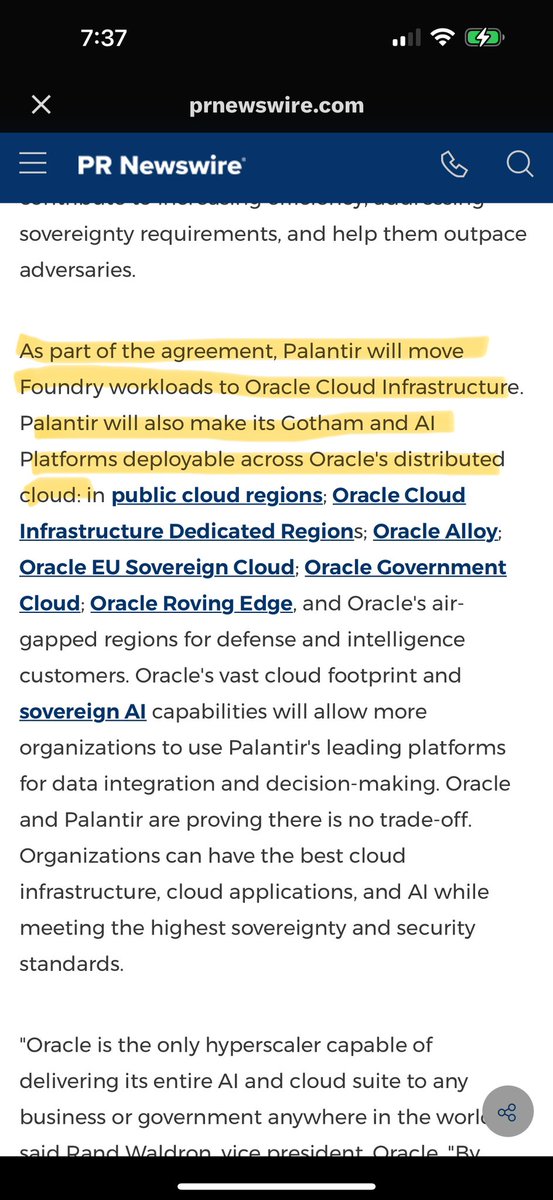 NEW $PLTR x $ORCL PARTNERSHIP IS HUGE 📈

“As part of the agreement, Palantir will move Foundry workloads to Oracle Cloud Infrastructure. Palantir will also make its Gotham and Al Platforms deployable across Oracle's distributeo cloud” 🔥