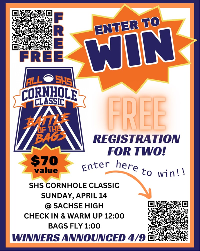 SHS_Mustangs's tweet photo. The Class Of 2025 Sponsored Cornhole Classic "Battle of the Bags" is fast approaching!!  Enter to win FREE registration for two!  Scan the QR Code. https://t.co/VDC8P6ZF8y