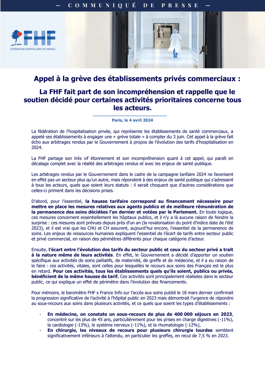 laFHF's tweet photo. #Communiqué | Campagne tarifaire 2024 : la FHF rappelle que le soutien décidé pour certaines activités prioritaires concerne tous les acteurs et fait part de son étonnement à propos de l'appel à la grève des établissements privé commerciaux. https://t.co/K91XOeOVEq