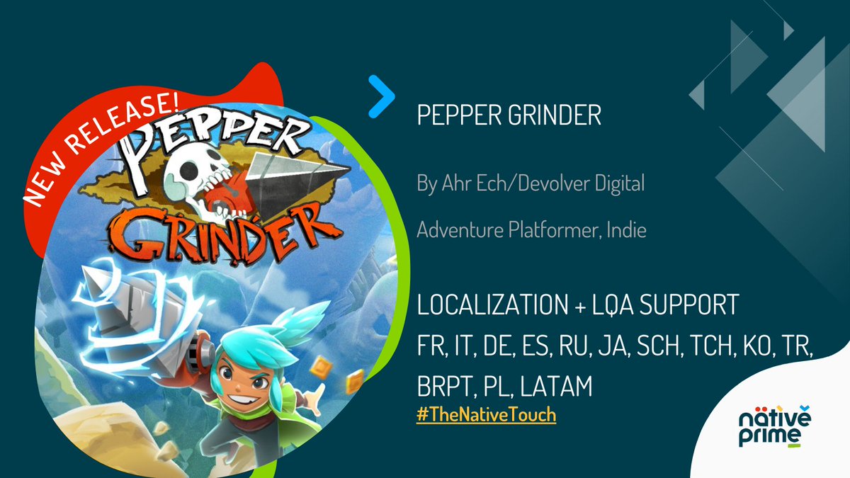 The weekend is just around the corner and to spice things up, we are announcing our involvement in the localization of 'Pepper Grinder', a game filled with frenetic action by @Ahr_Ech and @devolverdigital. Drill away and have fun with the game's cool characters!