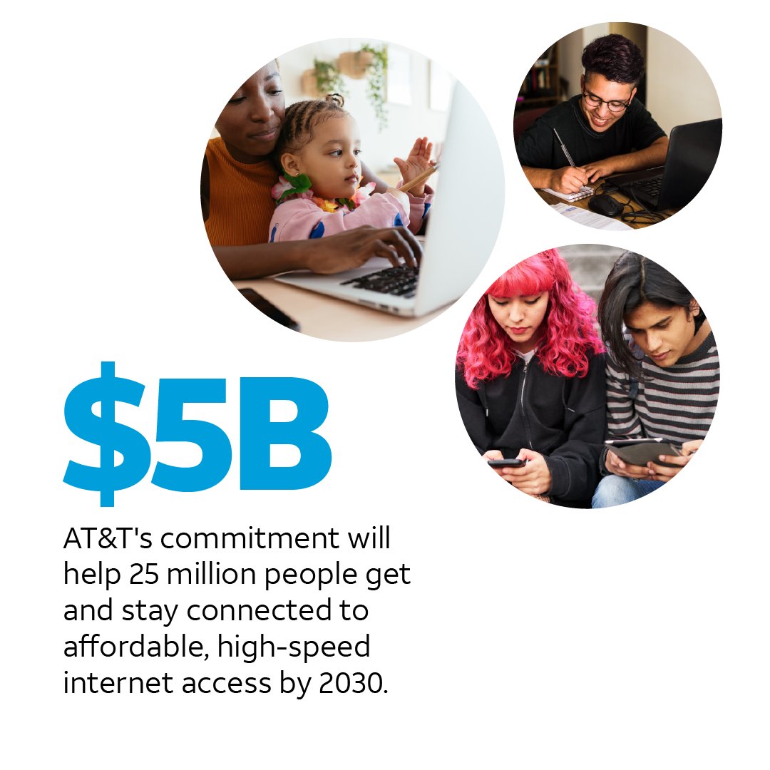 .<a href="/ATT/">AT&T</a> is committed to helping close the #DigitalDivide and has increased our commitment to $5B through 2030. 

Our goal is to help connect 25 million people to affordable, high-speed internet and digital literacy resources by 2030. We believe that access to connectivity leads to
