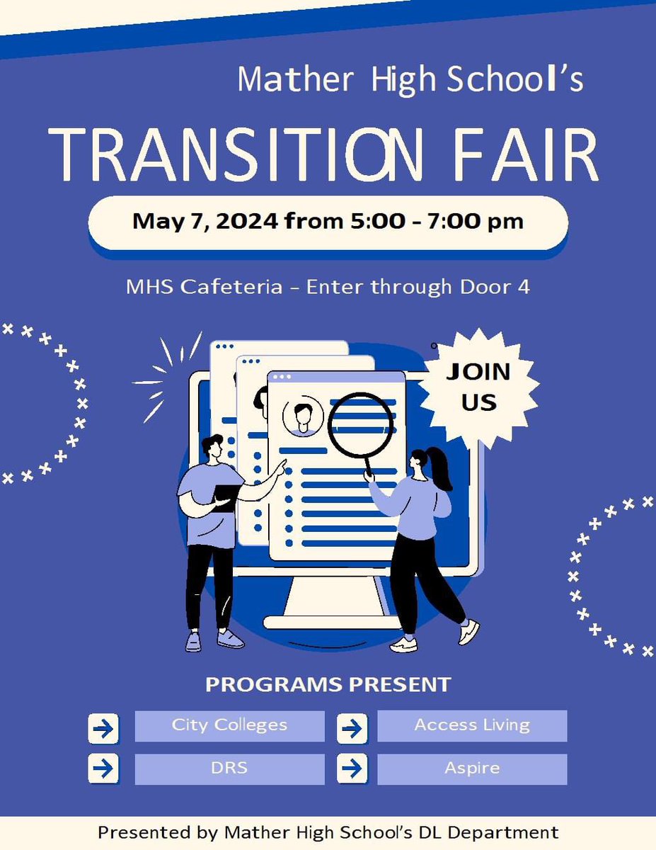 Join us on May 7th for our transition fair! 

Mather's Diverse Learners Department will host representatives from various outside organizations to inform parents and students about post-graduation opportunities for students.