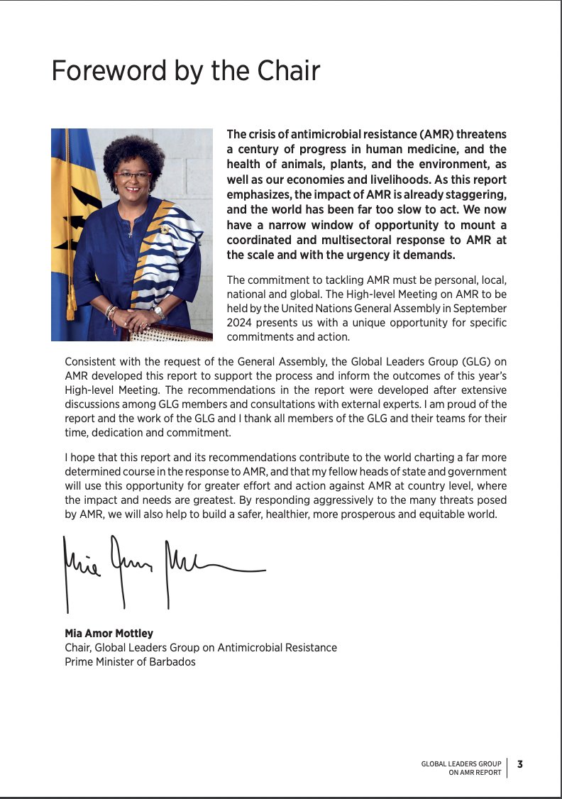 The @GLGAMR chaired by @miaamormottley has just released its first report on #AMR with 10 recommendations for UN member states to consider for the #UNGA #HLM. The report estimates that AMR would cost the world every year US$ 412 billion in additional healthcare costs plus US$…