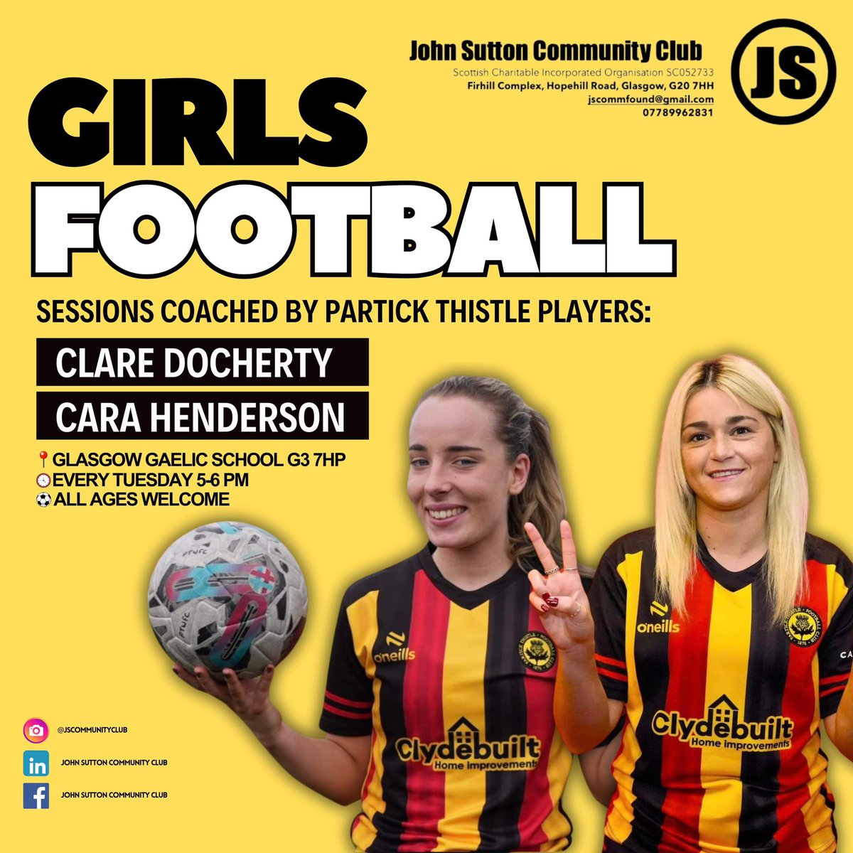 John Sutton Community Club (@jscommunityclub) on Twitter photo ⚽️📣We are proud to announce that we are starting girls football training sessions every Tuesday evening starting from April 16th.
Sessions will be coached by <a href="/ThistleWFC/">Partick Thistle Women's FC</a> players
Clare Docherty & Cara Henderson with views of starting a team 👏
📧 jscommfound@gmail.com ⚽️📣We are proud to announce that we are starting girls football training sessions every Tuesday evening starting from April 16th.
Sessions will be coached by <a href="/ThistleWFC/">Partick Thistle Women's FC</a> players
Clare Docherty & Cara Henderson with views of starting a team 👏
📧 jscommfound@gmail.com