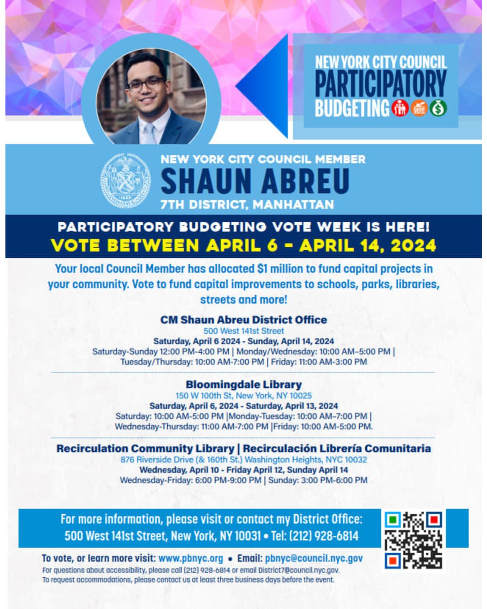 Participatory budgeting vote week is just around the corner! @CMShaunAbreu has set aside $1 million to fund capital projects in your community. You can vote between April 6th and April 14th, 2024, to allocate funds toward improving schools, parks, libraries, streets, and more.