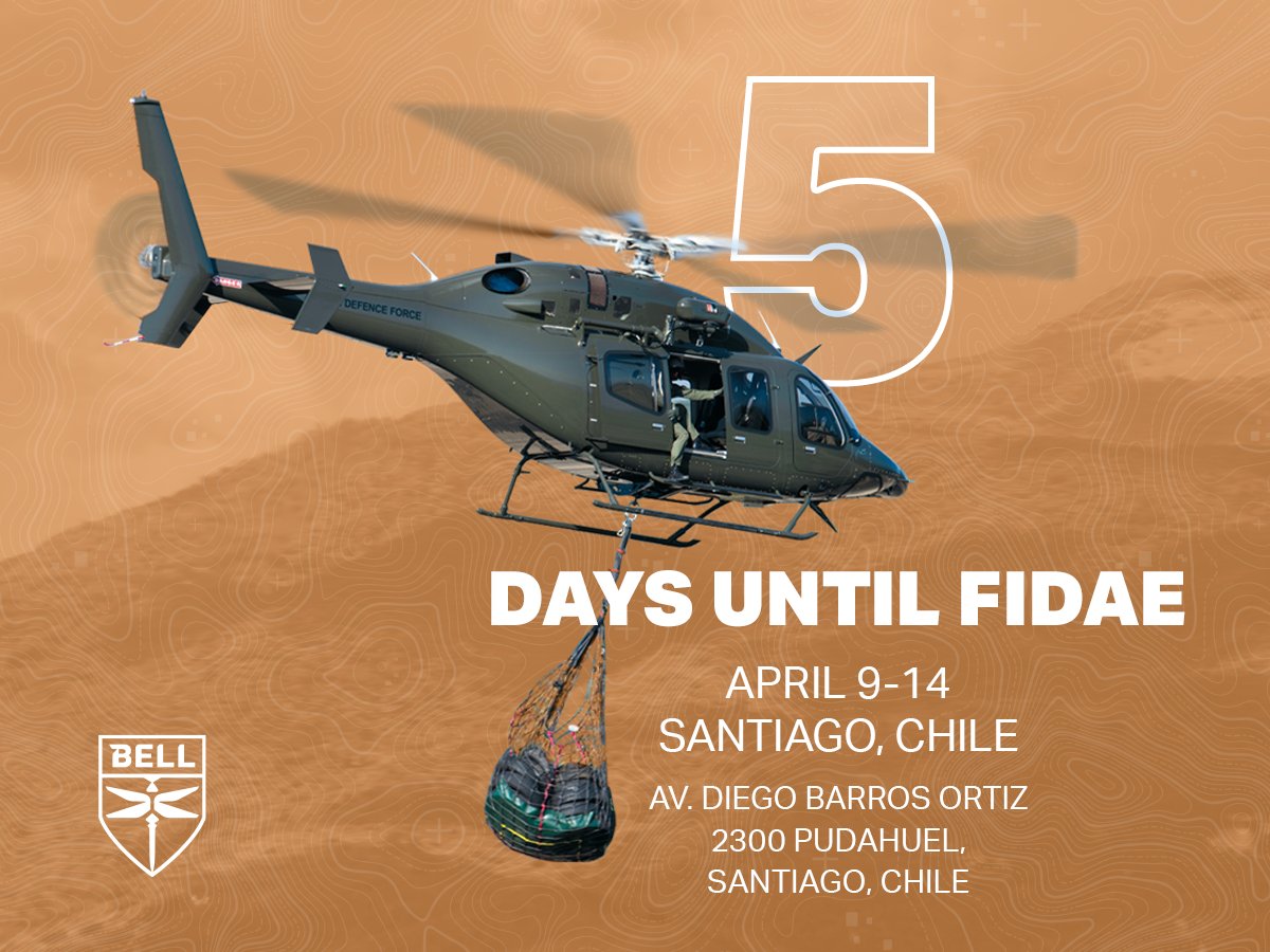 📅 Mark your calendars – We're five days away from @FIDAE_OFICIAL in Chile! Stop by Chalet A5, April 9-14, to explore the capabilities of the Bell 505, 429 and 407 along with our Global Customer Solutions team. Request a Meeting: bell.co/FIDAE