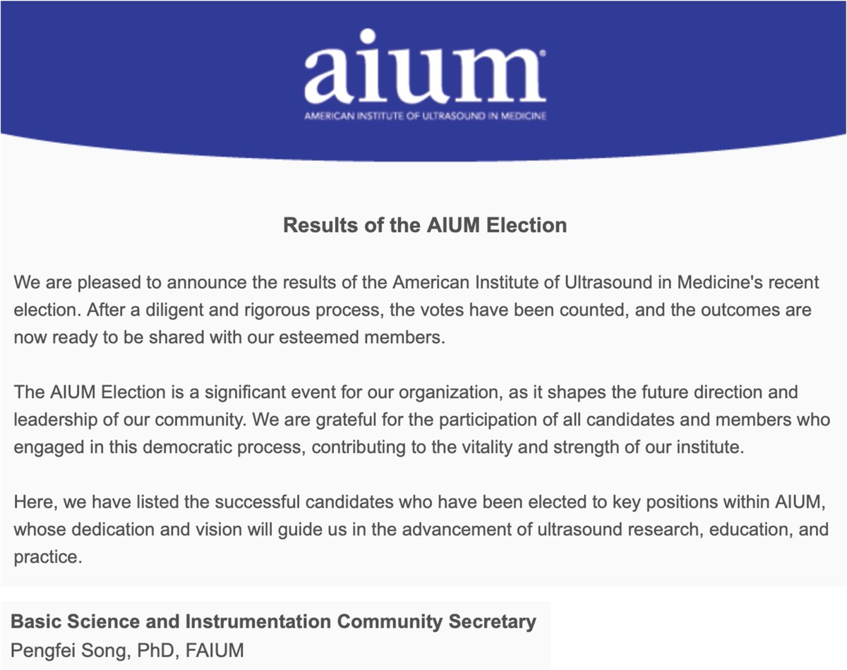 Pengfei Song (@songlabduke) on Twitter photo Honored to have been elected as Secretary of the BS&I Community <a href="/AIUMultrasound/">AIUM Ultrasound</a>! Excited to serve with
<a href="/kevinhaworth/">Kevin Haworth</a> and @AlfredYu_LITMUS to bridge the basic research and the medical ultrasound communities. Looking forward to seeing everyone at #UltraCon2024 in Austin! Honored to have been elected as Secretary of the BS&I Community <a href="/AIUMultrasound/">AIUM Ultrasound</a>! Excited to serve with
<a href="/kevinhaworth/">Kevin Haworth</a> and @AlfredYu_LITMUS to bridge the basic research and the medical ultrasound communities. Looking forward to seeing everyone at #UltraCon2024 in Austin!