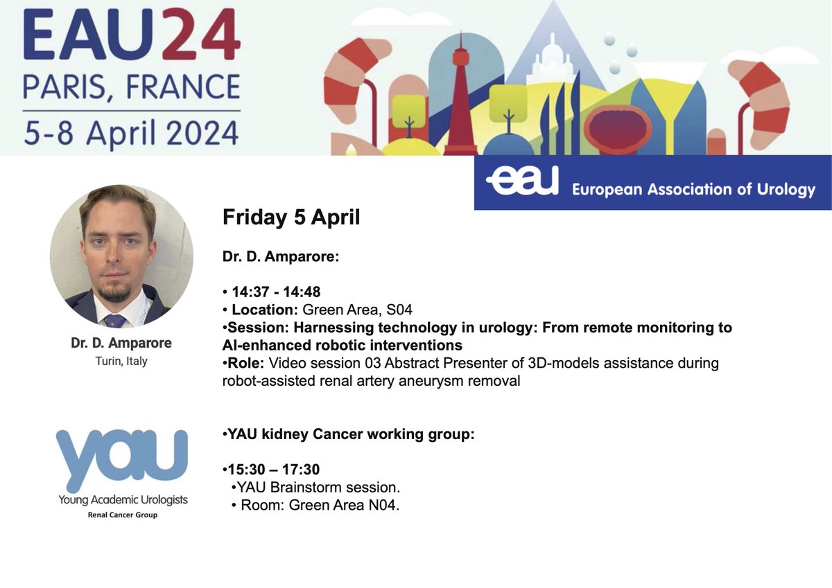 #EAU24 If you want to follow up our team presentations, abstracts, videos and research sessions then go ahead and bookmark these daily posts! @Ric_Campi @RicBertolo @danieleamparore @EAUYAU_RenalCa will be participating in different panel sessions this FRIDAY APRIL 5th!