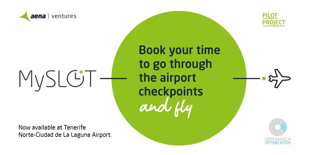 🛫 Are you flying from #TenerifeNorte-Ciudad de #LaLaguna Airport? Try #MySlot: book your time to go through the airport security checkpoint. MySlot is a pilot project of the #AenaVentures program, in collaboration with #CopenhagenOptimization. @Aena