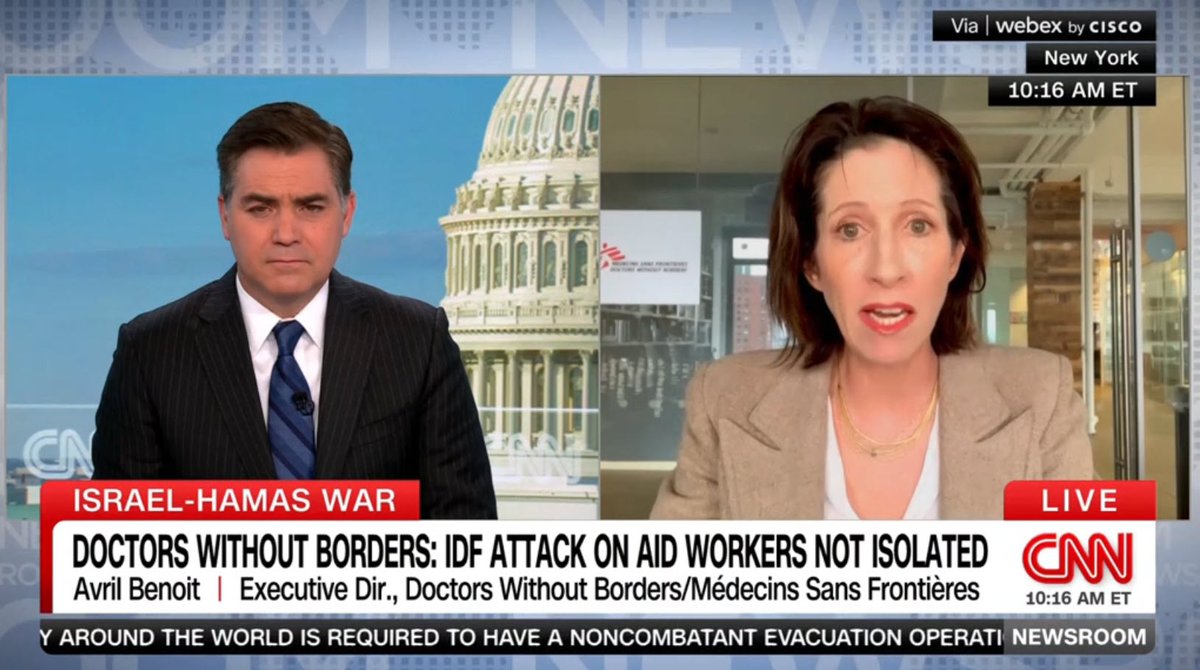 Media: @MSF_USA's @AvrilBenoit to @Acosta: 'Even in attacks on shelters where families of my colleagues from #MédecinsSansFrontières / #DoctorsWithoutBorders were staying and were killed, those [shelters' locations and purpose] were notified to the authorities, the notification…