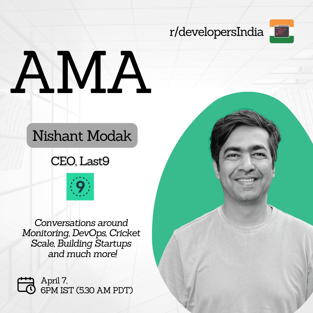 📣 We have your Sunday booked with us Join us for an exciting AMA session with @nishantmodak, CEO @last9io Learn more about Nishant in our full announcement reddit.com/r/developersIn…