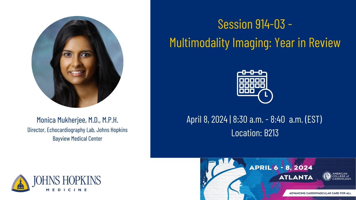 Catch @MMukherjeeMD, Director of Echocardiography at @HopkinsBayview, tomorrow morning at #ACC24 as she provides an overview of multimodality imaging.