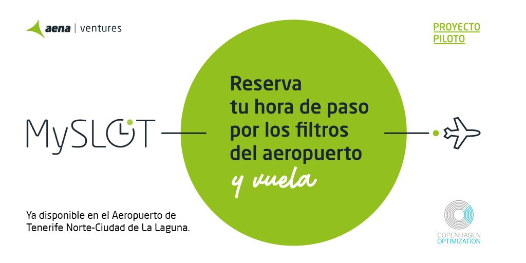 🛫 ¿Vas a volar desde el Aeropuertro de #TenerifeNorte-Ciudad de #LaLaguna? Prueba #MySlot: reserva tu hora de paso por el filtro de seguridad del aeropuerto. MySlot es un piloto del programa #AenaVentures en colaboración con #CopenhagenOptimization. @aena