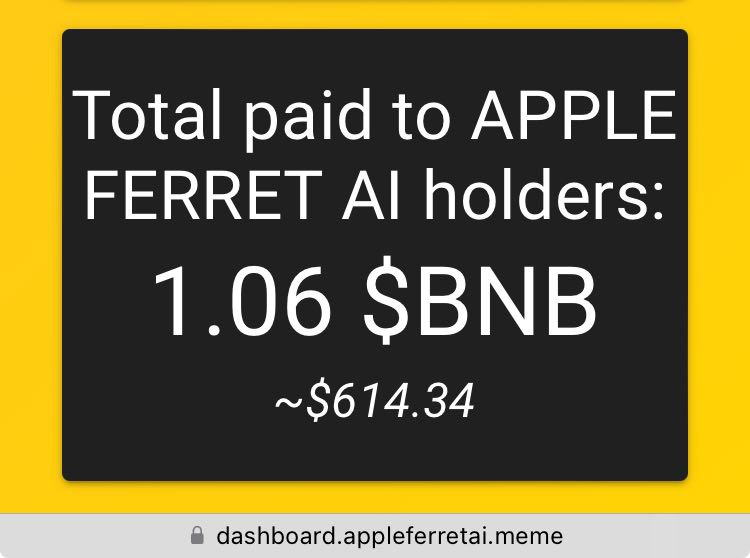 AppleFerretBASE's tweet photo. Over 1 $BNB distributed to holders of 200k+ tokens so far through our hourly rewards! This is only just the beginning of our exciting  journey as we bring more utility to $Ferret 
Buy, earn and watch the adventure unfold as we reveal our full roadmap in the coming weeks
#passiveincome