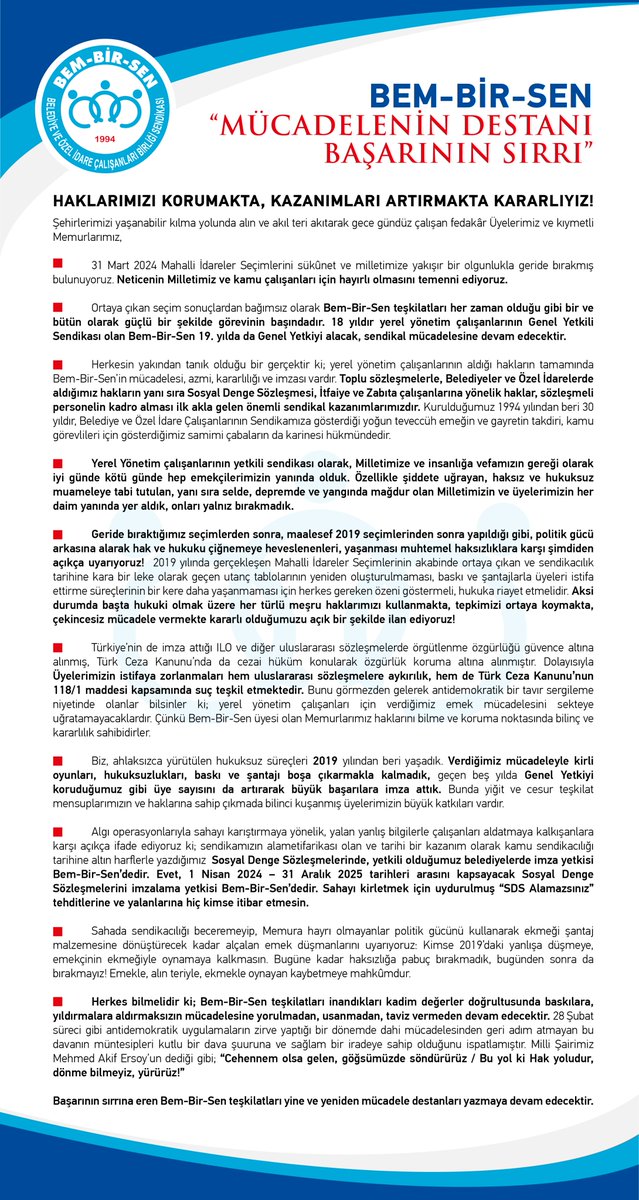 Bem-Bir-Sen Başkanlar Kurulu Bildirisi  

“Mücadelenin Destanı Başarının Sırrı” 

Haklarımızı Korumakta, Kazanımları Artırmakta Kararlıyız!