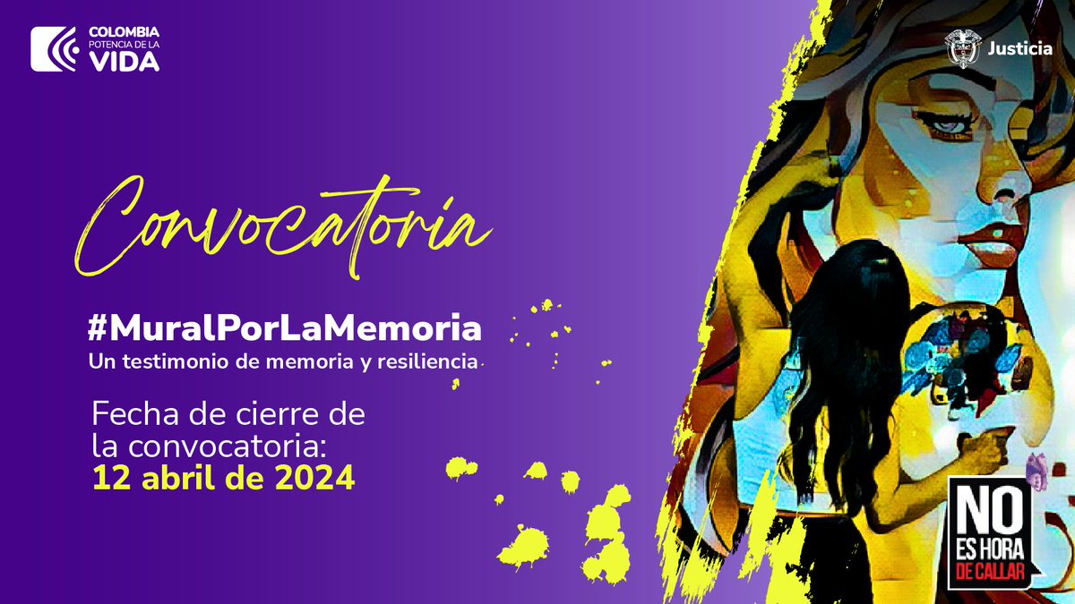 Te invitamos a participar en la convocatoria 'No Es Hora De Callar' del @MinJusticiaCo para crear el #MuralPorLaMemoria en la cárcel La Modelo de Bogotá. Consulta las bases 👇👇

tinyurl.com/MuralPorLaMemo… 

#NoEsHoraDeCallar